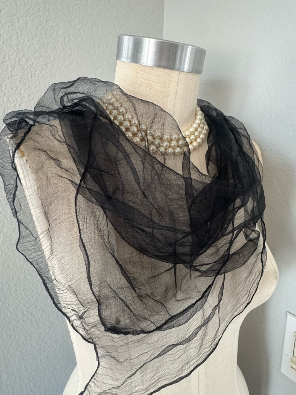 Sheer Black Vintage Scarf 26” Square